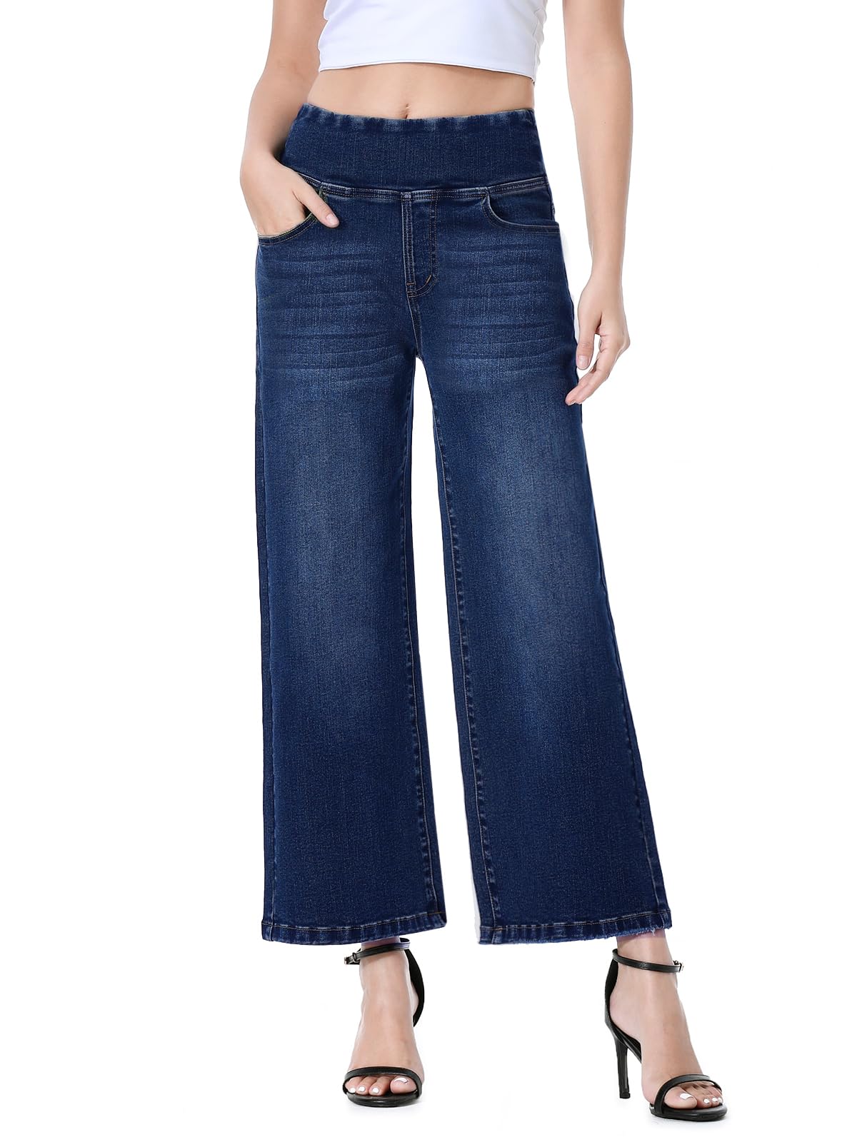 Wide Leg Capri Jeans for Women, Pull on High Waisted Trendy Stretchy Straight Leg Baggy Cropped Tummy Control Jeans