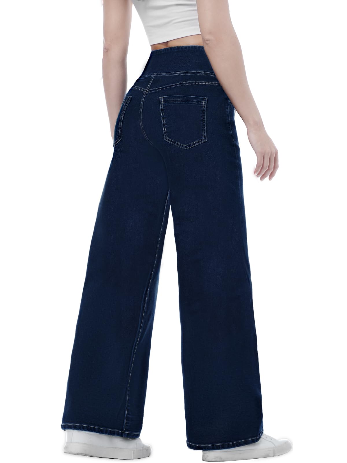 Pull on Wide Leg Jeans for Women, High Waisted Stretchy Baggy Trendy Tummy Control Straight Leg Jeans Denim Pants