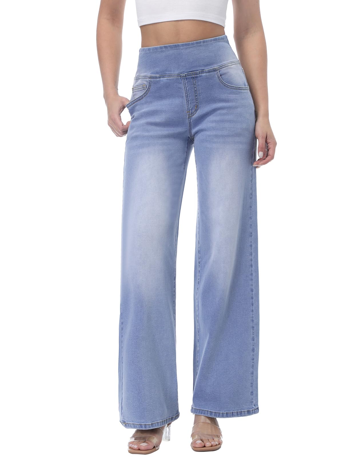 Pull on Wide Leg Jeans for Women, High Waisted Stretchy Baggy Trendy Tummy Control Straight Leg Jeans Denim Pants