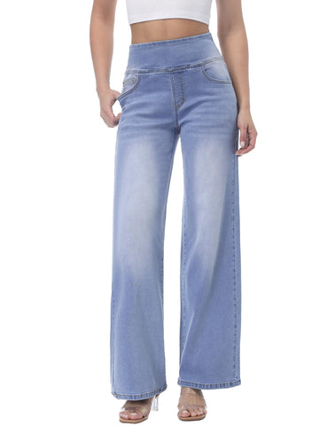 Pull on Wide Leg Jeans for Women, High Waisted Stretchy Baggy Trendy Tummy Control Straight Leg Jeans Denim Pants